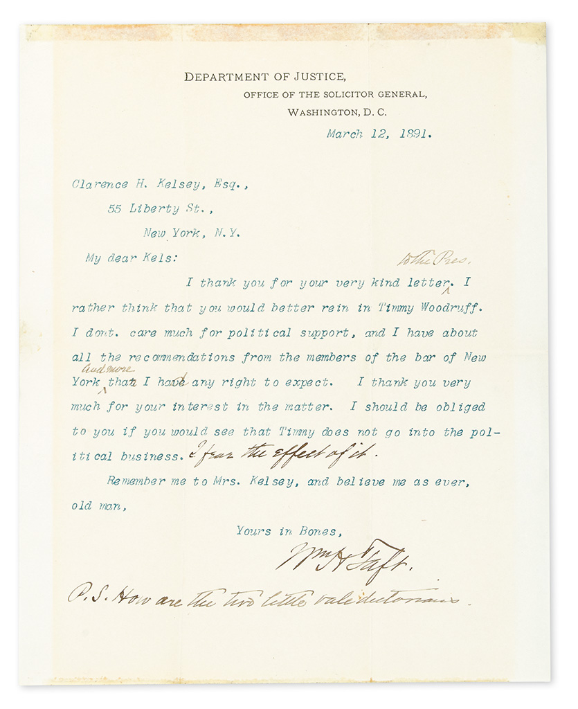 TAFT, WILLIAM HOWARD. Two Typed Letters Signed, WmHTaft or Bill, to Yale classmate Clarence H. Kelsey,
